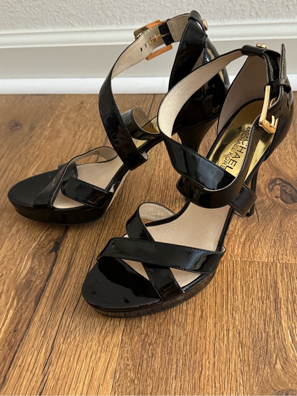 MICHAEL Michael Kors Black Patent Strappy Platform Heels